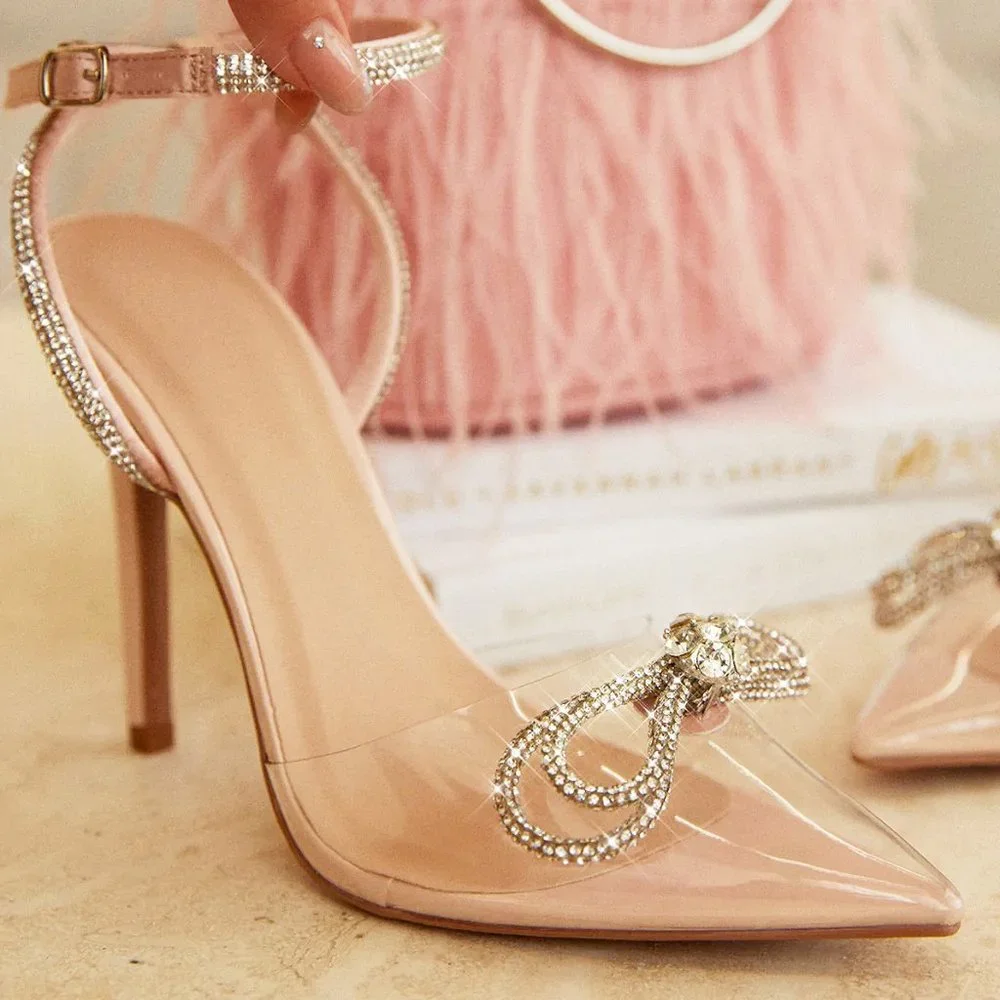 NEW Blush Nude Clear Transparent Rhinestone Bow Ankle Strap Pointy Toe Pump Heel - Picture 10 of 12